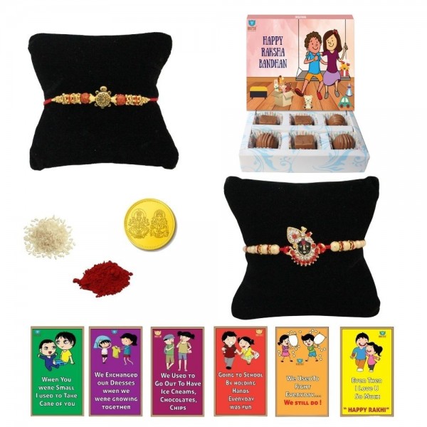 BOGATCHI 6 Chocolate Box 2 Rakhi Gold Coin Roli Chawal and Story Card D | Unique Rakhi Gifts for Sister | Rakhi with Chocolate Online 